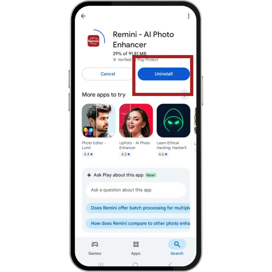 uninstall the Remini app
