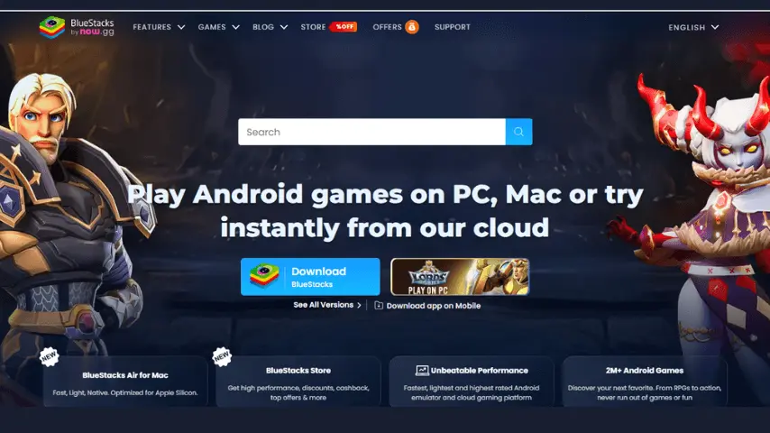 Top 5 Best Android Emulators for PC and Mac in 2025 1 Bluestacks official homepage showing the download button and tagline for playing Android apps on PC and Mac.